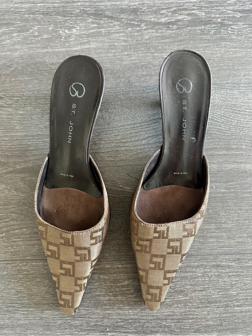 St. John Brown Monogram Pointed-Toe Slide Mules